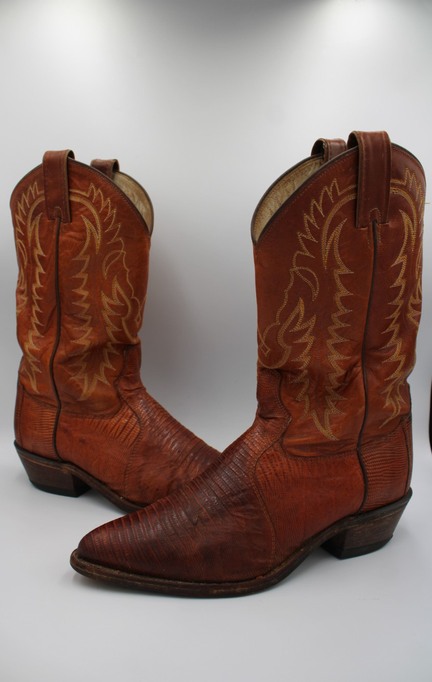 Size 9 Vintage Tony Lama Exotic Teju Lizard Skin Leather Cognac Brown Y2081